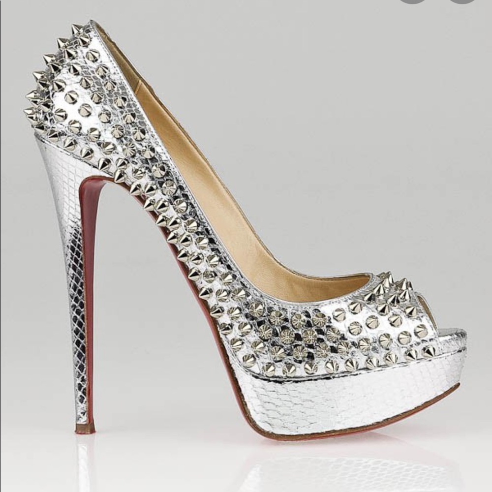 Christian Louboutin Silver Python Spiked P…